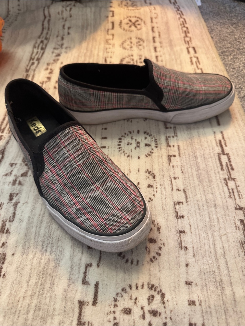 Keds Women’s Gray Plaid Slip-On Loafers with Pink Accents